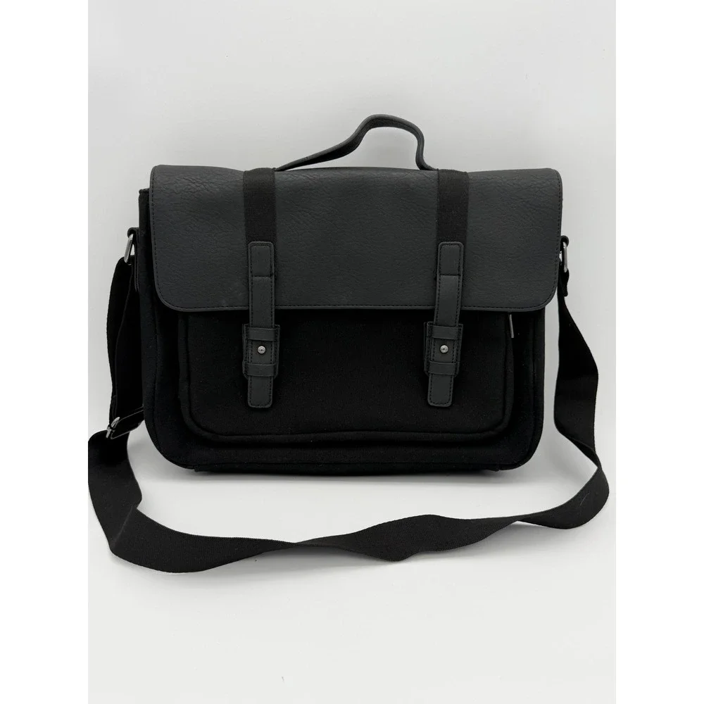 Typo Black Canvas Faux Leather Messenger Bag Crossbody Laptop Satchel Work Bag